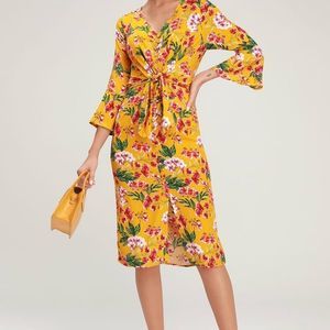 April Golden Yellow Floral Print Midi Dress
